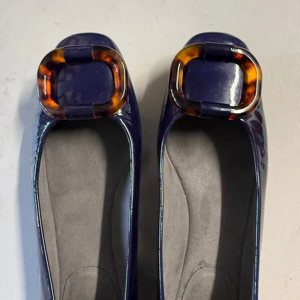 Stuart‎ Weitzman Navy Blue Patent Leather Tortoise Buckle Flats Shoes 6 M Spain